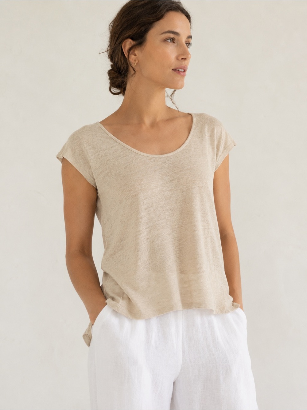 Garnet Hill Organic Linen Tee Top XS Beige Hi Low Hem Cap Sleeve Casual Coastal